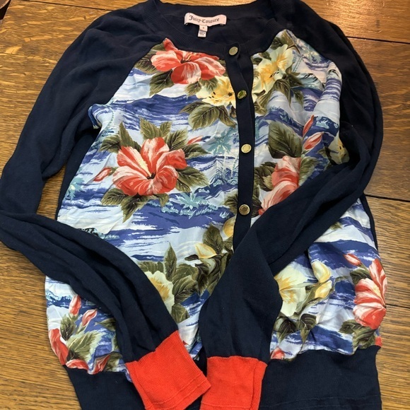 🌺Juicy Couture Navy Blue Tropical Print Cardigan size S - Picture 1 of 10